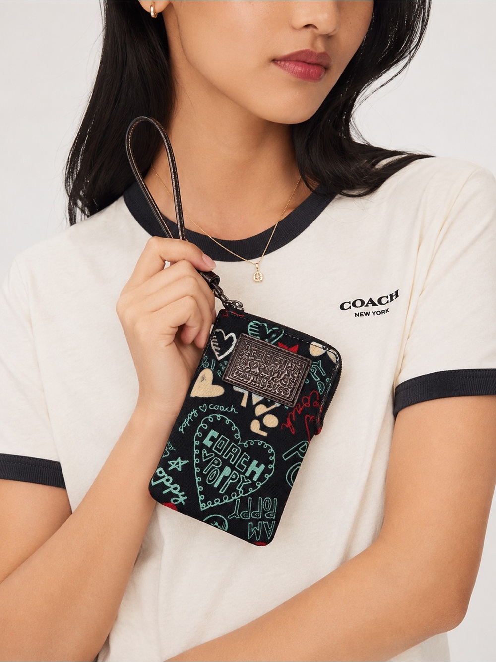 Coach Poppy Graffiti Heart Print Zip Wristlet Coin Purse / Card Holder